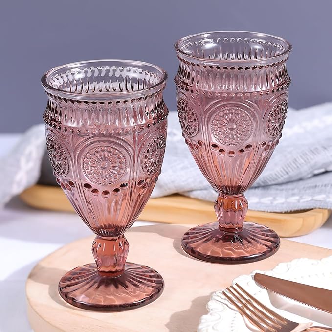 4Pcs Purple Wine Glasses, 12oz Glass Goblets, Vintage Drinking Glassware, Colored Glassware Set for Party, Home & Wedding