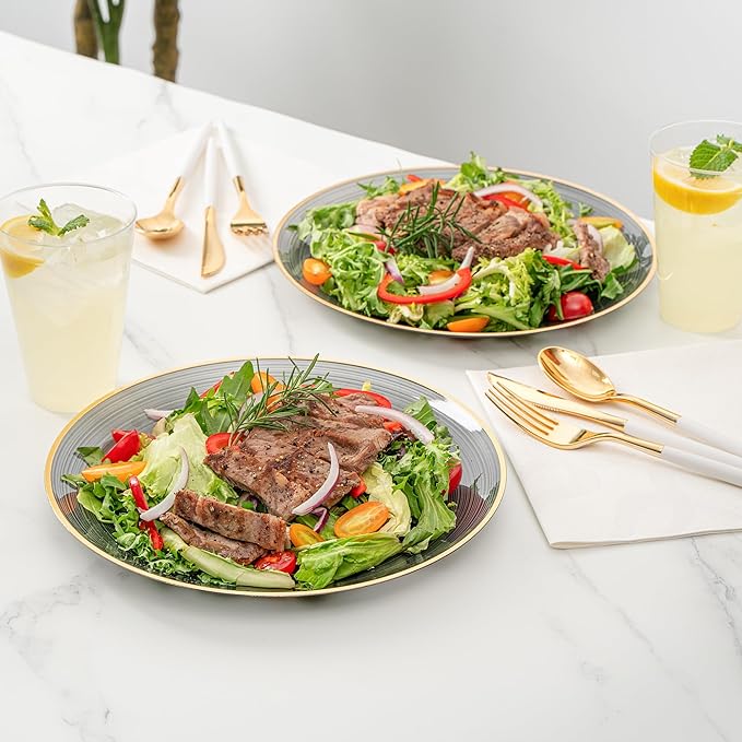 Restaurantware Plastic Plates 20 Pcs 10" Gold Rimmed Disposable Plates Heavy-Duty Black Translucent Rippled Plastic Dinner Servers for Party, Weddings, Salads, Desserts, and Appetizers