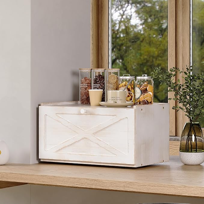 Bamboo Bread Box for Kitchen Counter Farmhouse Bread Storage Container Large Capacity Bread Storage Bin Bread Holder (Antique White)