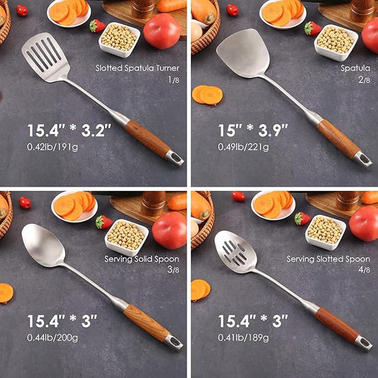 18/10 Stainless Steel Kitchen Utensils Set with Wood Handle - 15”Metal Cooking Tools & Serving Utensil, 8-Pieces Cooking Spoons Set - Spatula, Ladle, Skimmer, Turner, Pasta, Solid Spoon, Slotted Spoon
