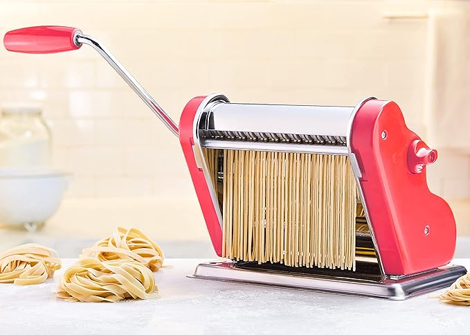 PASTALINDAClassic 200 Pasta Maker Machine, 20 cm Wide Rollers, 9 Thickness Positions, 2 Cutting Positions, Stainless Steel. Includes Reinforced Hand Crank And Two Clamps (Coral)