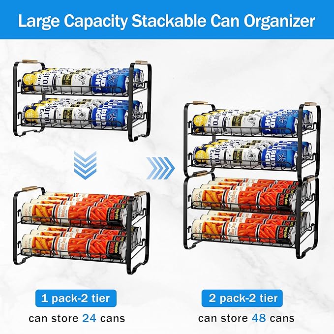 MAXIFFE 2-Tier Can Organizer for Pantry, 16.9"W × 11.5"D × 16.7"H, Stackable Metal Adjustable Hold 40 Cans Rack Storage Holder Dispenser for Soda Drinks Fruits, for Kitchen Countertop, 2 Pack Black