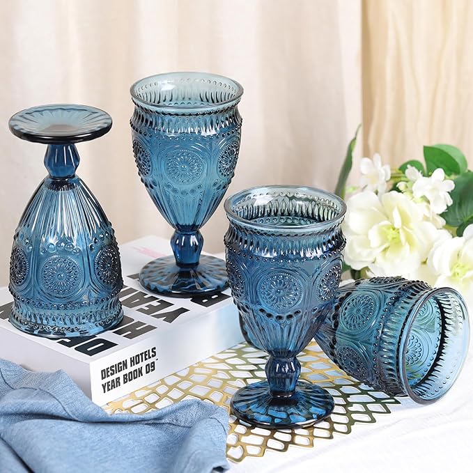 4Pcs Blue Wine Glasses, 12oz Glass Goblets, Vintage Drinking Glassware, Colored Glassware Set for Party Home Wedding Baby Shower