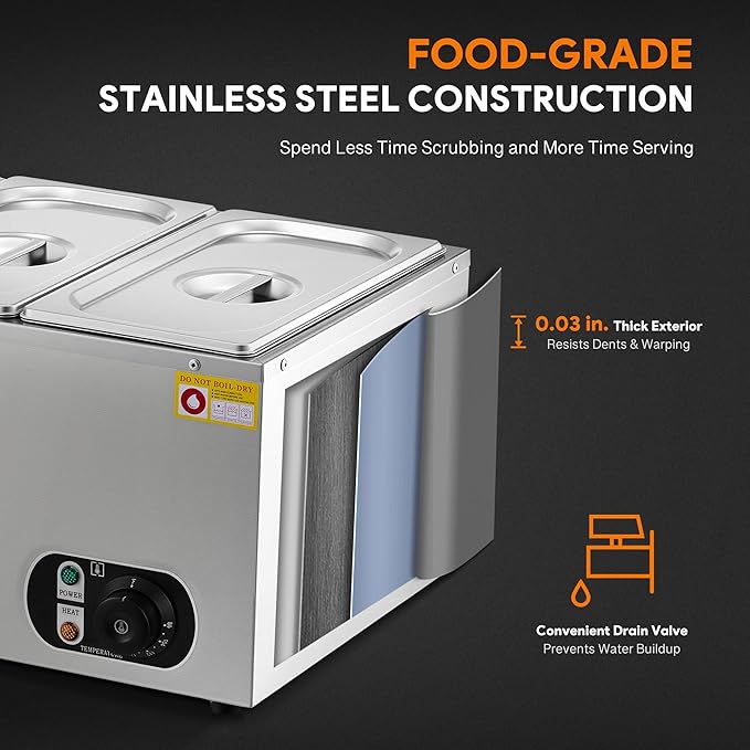 WILPREP Single-Well Commercial Food Warmer with Three 1/3 Pans, Electric Warmer for Food with Adjustable Temp. & Auto Shutoff, Stainless Steel Food Heating Unit for Buffet Food Truck Hotel Catering