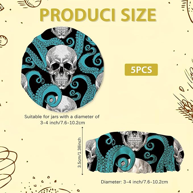 Skull and Octopus Sourdough Jar Cover Reusable Cloth Lid for Sour Dough Starter Jar,5 Pack Bread Fermentation Container Tops Elastic Fabric Caps