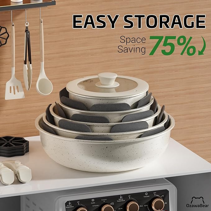 23 Pcs Pots and Pans Set Non Stick, Ceramic Cookware Set Non Toxic with Detachable Handles, Healthy Induction Cookware Oven Safe RV Kitchen Set, PFAS PFOA & PTFE Free, Cream White