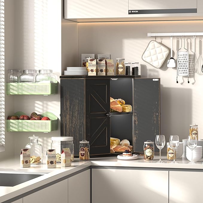 Corner Bread Box for Kitchen Countertop, Storage Container for Homemade Bread, Double Layer BreadBox, Large Capacity Bread Storage Bin, Vintage Farmhouse Breadbox Organizer,Antique Black