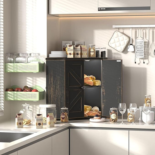 Corner Bread Box for Kitchen Countertop, Storage Container for Homemade Bread, Double Layer BreadBox, Large Capacity Bread Storage Bin, Vintage Farmhouse Breadbox Organizer,Antique Black