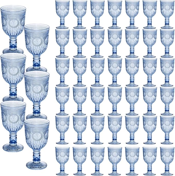 48 Pack Vintage Wine Glasses, Plastic Reusable 12 Ounce Colored Water Goblets, Unique Flower Embossed Pattern Unbreakable Stemmed Wine Glasses High Clear Wedding Party Bar Drinking Cups Blue