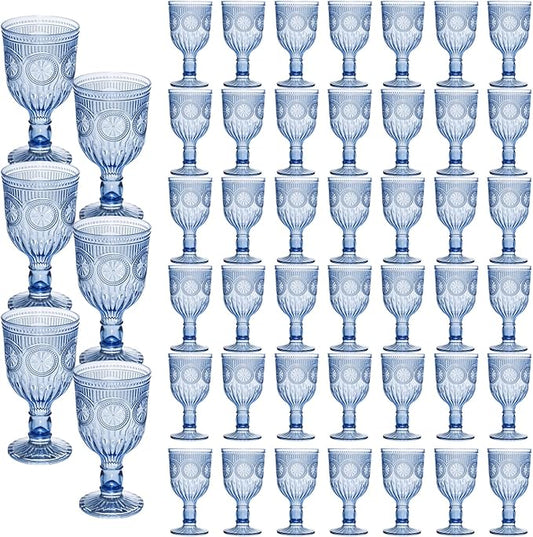 48 Pack Vintage Wine Glasses, Plastic Reusable 12 Ounce Colored Water Goblets, Unique Flower Embossed Pattern Unbreakable Stemmed Wine Glasses High Clear Wedding Party Bar Drinking Cups Blue