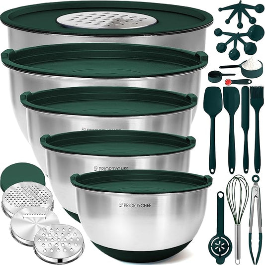 Priority Chef Stainless Steel Mixing Bowls with Lids Set, Metal Nesting Bowls with Airtight Lids, Graters, Non-Slip Base & Measurement Marks, Includes Utensil Set for Prep, Baking & Storage, Green