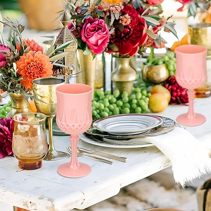Plastic Vintage Wine Glasses 7OZ Plastic Goblets Vintage Drinking Glasses 12PCS Retro Wedding Glassware Water Goblets Reusable Drinking Cups for Party,Reception,Celebration,Bar,Whiskey(Light Pink)
