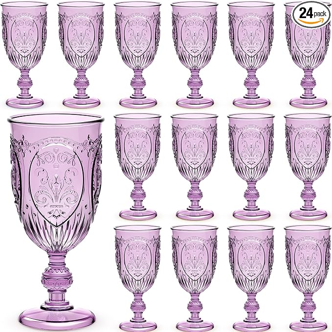 24 Pcs Plastic Goblets 7.5oz Vintage Goblet Plastic Wine Glasses Colored Retro Embossed Water Goblets for Wine Bar Juice Baby Shower Wedding Reception Grand Event Party (Purple)