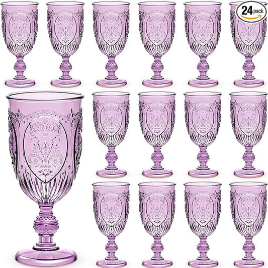 24 Pcs Plastic Goblets 7.5oz Vintage Goblet Plastic Wine Glasses Colored Retro Embossed Water Goblets for Wine Bar Juice Baby Shower Wedding Reception Grand Event Party (Purple)