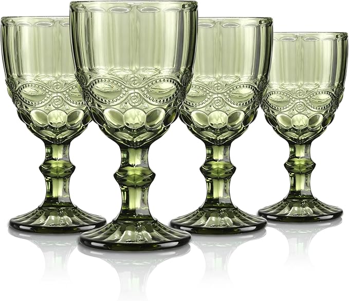 Joeyan Green Vintage Wine Glasses,Clear Water Goblet Glasses with Embossed Serpentine Pattern,Stemmed Colored Glassware Set for Wedding Party Banquet Feast,10 oz,Set of 4,Dishwasher Safe