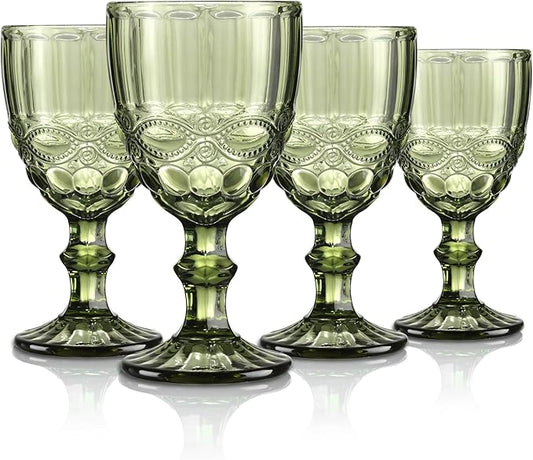 Joeyan Green Vintage Wine Glasses,Clear Water Goblet Glasses with Embossed Serpentine Pattern,Stemmed Colored Glassware Set for Wedding Party Banquet Feast,10 oz,Set of 4,Dishwasher Safe
