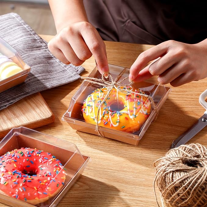 Ctosree 100 Pcs Paper Charcuterie Boxes with Clear Lids 4.5 Inches Disposable Cake Square Dessert Container Bakery Boxes Bundle with Rope for Food Cake Slice Cookie Sandwich Dessert(Brown)