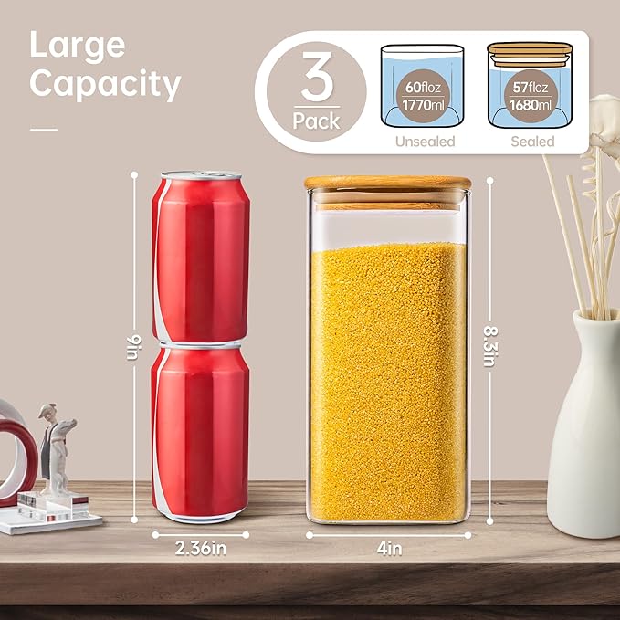 57oz - 3 Pack Square Glass Jars with Bamboo Lids, Glass Food Storage Containers with Airtight Lids for Kitchen, Air Tight Pantry Storage Containers for Cereal, Pasta, Rice, Sugar, Coffee, Spice