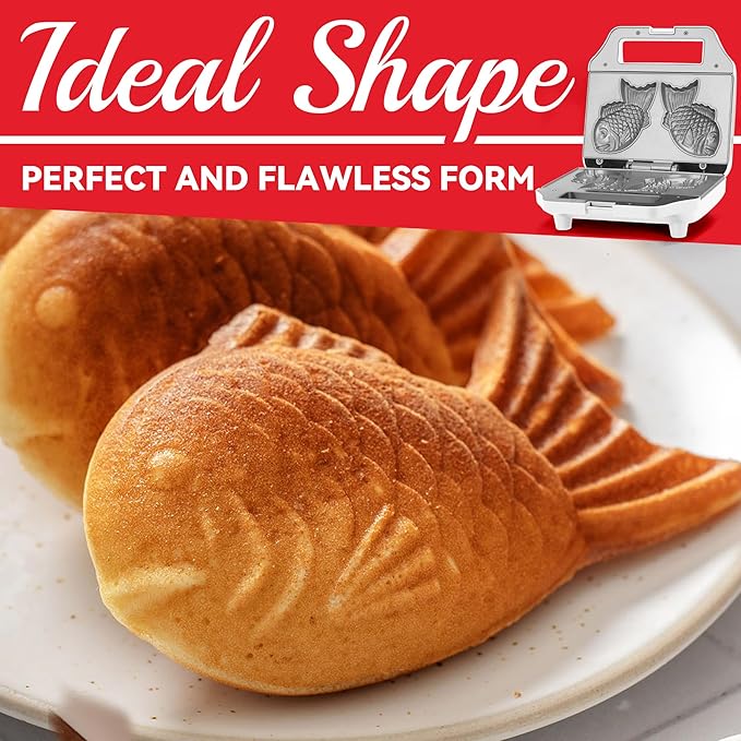 Taiyaki Fish-shaped Waffle Maker, 2 Pcs Electric Japanese Fish Shaped Waffle Iron Pan, Dual Non Stick Cooking Plates, Recipe Included, White