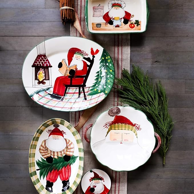 Vietri Old St. Nick Rectangular Baker w/Chef, Christmas Oven Baking Dish Earthenware Bake/Serve Pan