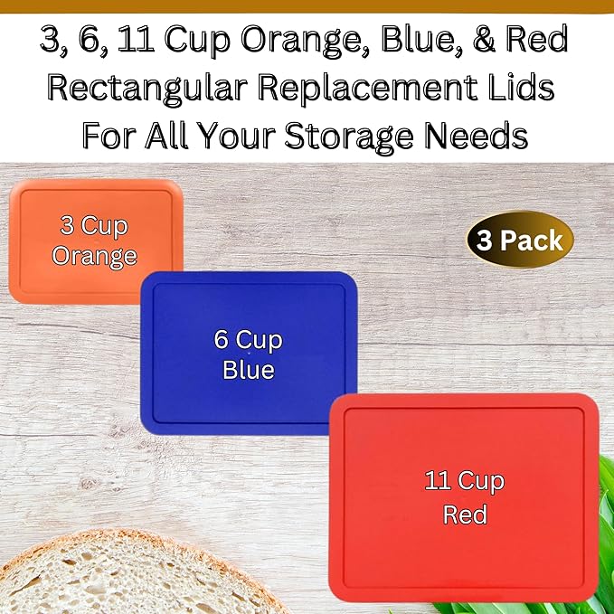 3, 6 & 11 Cup Orange, Blue, Red Replacement Lids/Covers for Pyrex, Anchor Hocking & KlareWare Storage Bowls *Lids Only Glass Container Not Included* (3 Pack *One of Each Size*)