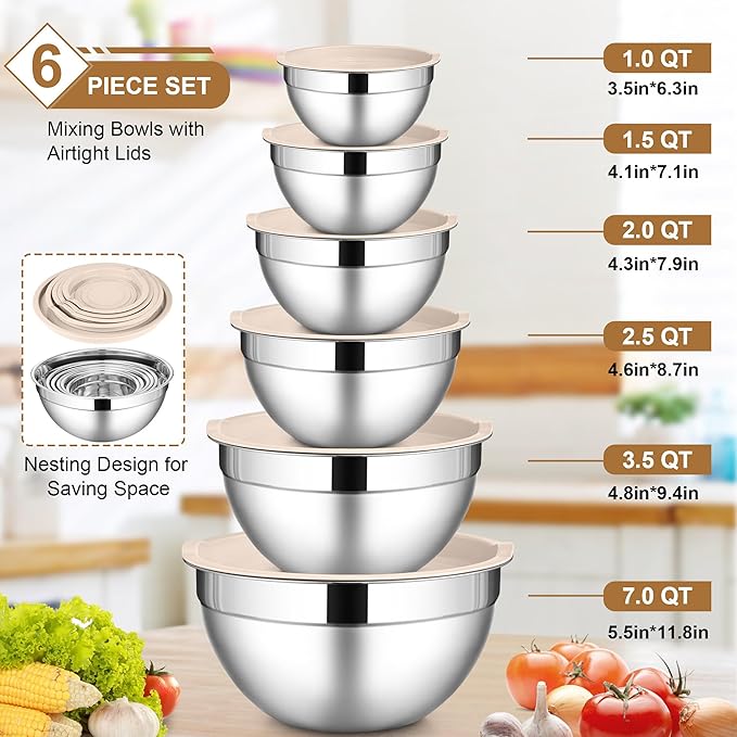 LIANYU Mixing Bowls with Airtight Lids Set, 6 Piece Stainless Steel Metal Kitchen Nesting Bowl, Size 7, 3.5, 2.5, 2, 1.5, 1QT for Prepping, Baking & Food Storage, Dishwasher & Freezer Safe, Khaki
