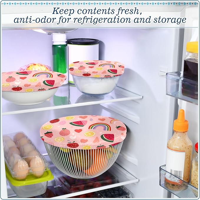 5 Pcs Bowl Covers Reusable in 5 Size Elastic Food Cover Cloth Lids Fresh Keeping Dish Cookware Bakeware Fabric Covers Lids for Food Leftovers Fruits Storage Pink Rainbows and Fruits Slices