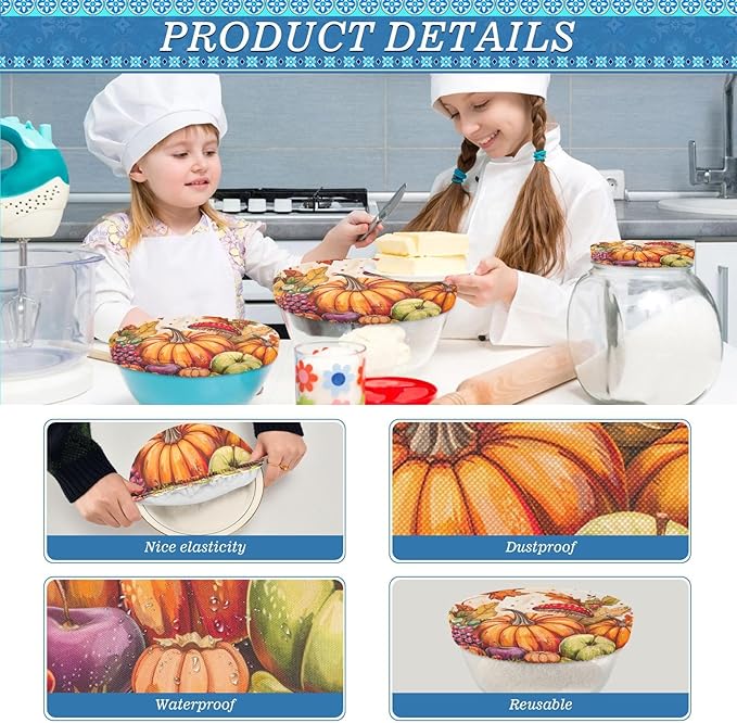 5 Pcs Bowl Covers Reusable in 5 Size Elastic Food Cover Cloth Lids Fresh Keeping Dish Cookware Bakeware Fabric Covers Lids for Food Leftovers Fruits Storage Fall Harvest Pumpkins Mushroom O