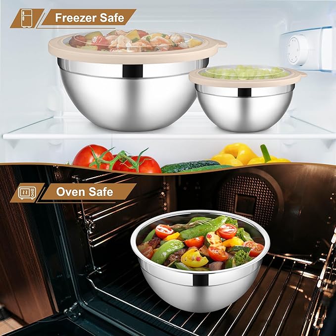 LIANYU Mixing Bowls with Visible Airtight Lids Set, 6Pcs Stainless Steel Kitchen Metal Nesting Bowls, Large Size 7, 3.5, 2.5, 2, 1.5, 1QT for Cooking, Baking, Serving, Dishwasher & Freezer Safe, Khaki