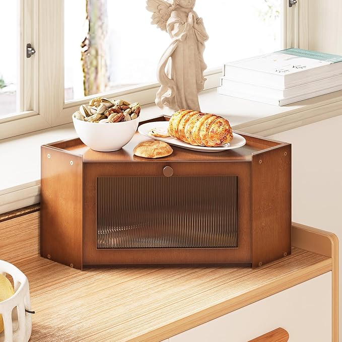 Corner Bamboo Bread Box for Kitchen Counter Large Capacity Rustic Bread Storage Container with Wavy Arcylic Transparent Door Vintage Storage for Homemade Bread (Brown)