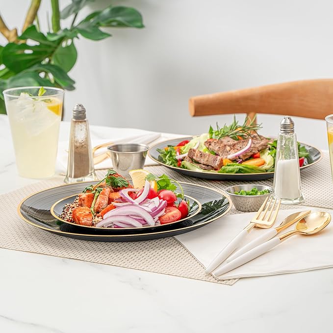 Restaurantware Plastic Plates 200 Pcs 7.13" and 10" Combo Gold Rimmed Plate Set Disposable Heavy-Duty Black Translucent Rippled Plastic Dinner Servers for Party, Weddings, Salads, Desserts