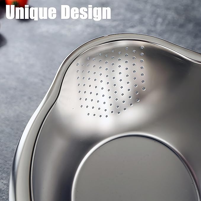 Rice Washing Bowl with Side Drainer Strainer Small Quinoa Washer Bowl, Stainless Steel Colander for Cleaning Fruits, Vegetables, and Beans - Versatile Kitchen Tool