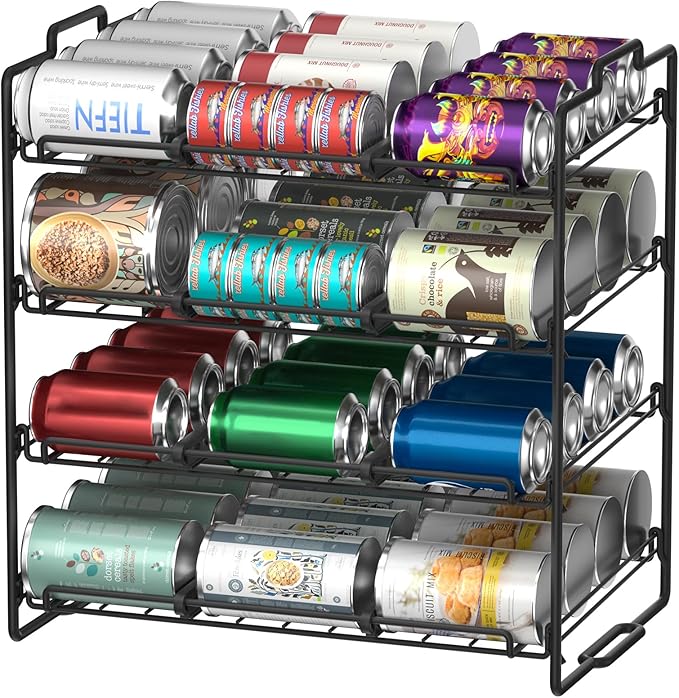 4 Tiers Stackable Can Rack Organizer, Wear-resistant Upgrade Beverage Food Can Dispenser Holder Holds up to 48 Cans for Kitchen Cabinet and Pantry (Black)