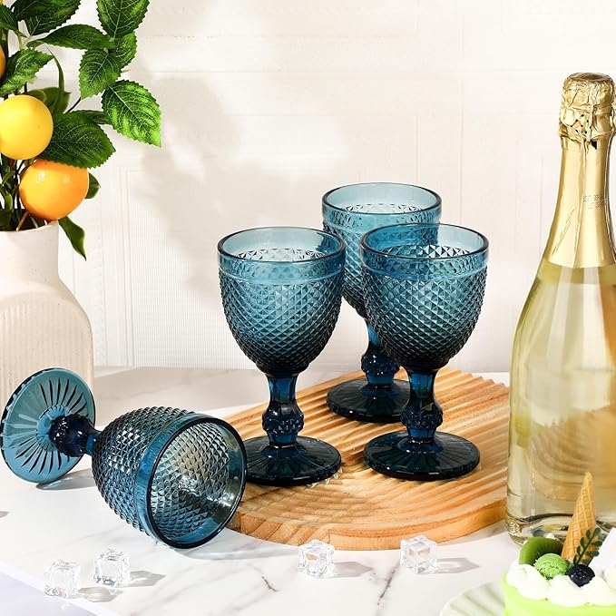 Bokon 6 Pack Blue Glass Goblets Set 10 oz High Clear Wine Glass Vintage Water Goblets Cups Embossed Diamond Design Glassware with Stem for Drinking Juice Liquor Party Wedding Bar