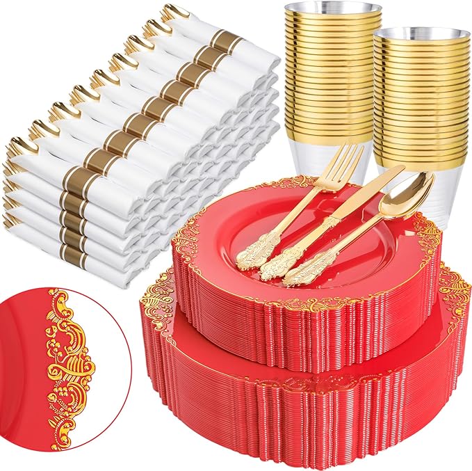 Nervure 350PCS Red Plastic Plates - Red Gold Plastic Dinnerware Sets for 50 Guests - 100 Gold Disposable Plates, 50 Pre Rolled Silverware Sets, 50 Cups Perfect for Wedding & Party & Christmas