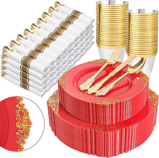 Nervure 350PCS Red Plastic Plates - Red Gold Plastic Dinnerware Sets for 50 Guests - 100 Gold Disposable Plates, 50 Pre Rolled Silverware Sets, 50 Cups Perfect for Wedding & Party & Christmas