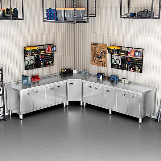 WWK 59" x 21" Stainless Steel Prep Table with Cabinet, Commercial Kitchen Table for Prep & Work, Heavy Duty Work Table with 4 Doors for Kitchen, Restaurant, Hotel, Garage and Cafe
