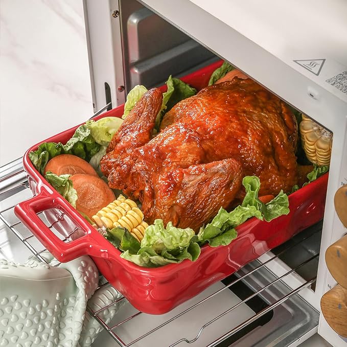 VICRAYS Ceramic Bakeware Set, Porcelain Rectangular Baking Dish, Baking Pan Lasagna Pans Casserole Dish Set for Cooking, Kitchen, Cake Dinner, Banquet and Daily Use, 3 PCS, 15 x 8.5 Inches (Red)