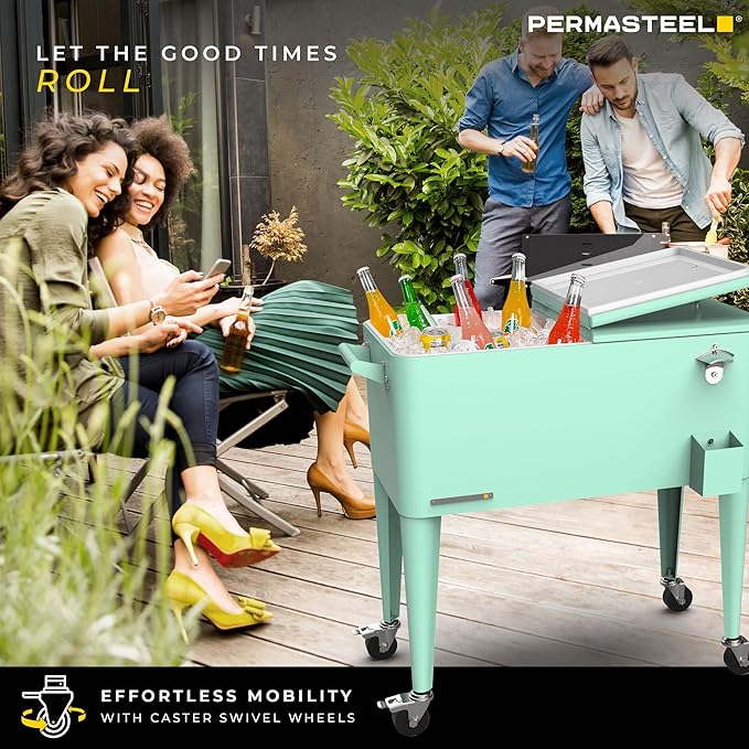 Permasteel 80 Quart Party Cooler, Rolling Ice Chest with Wheels and Handles for Indoor Outdoor Patio
