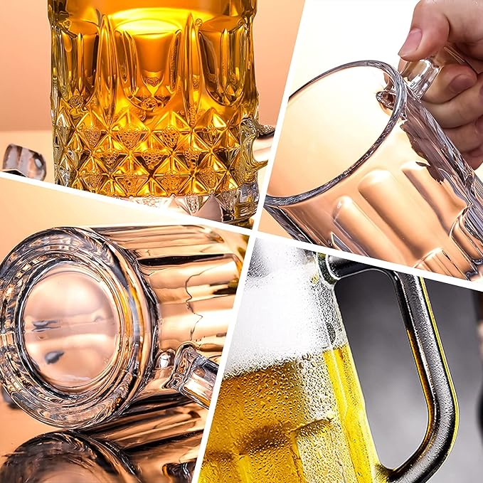 32 Ounces Beer Stein Mugs - 2 Pack Extra Large German Style Clear Tall Beer Glasses for Men - Heavy Duty Thick Glass With Handle