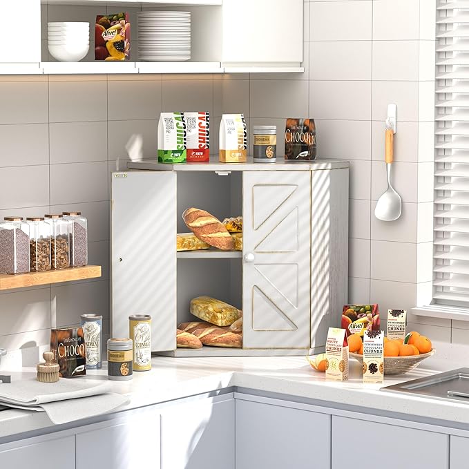 Corner Bread Box for Kitchen Countertop, Storage Container for Homemade Bread, Double Layer BreadBox, Large Capacity Bread Storage Bin, Vintage Farmhouse Breadbox Organizer,Antique White