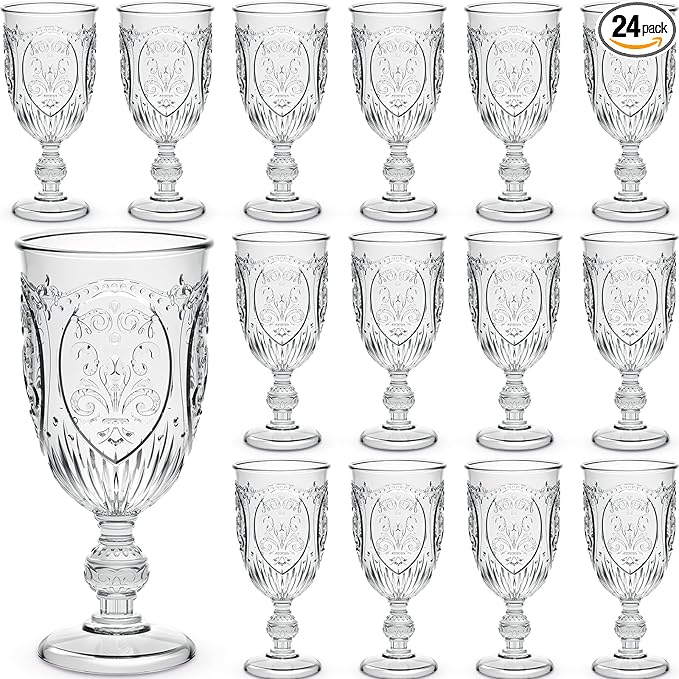 24 Pcs Plastic Goblets 7.5oz Vintage Goblet Plastic Wine Glasses Colored Retro Embossed Water Goblets for Wine Bar Juice Baby Shower Wedding Reception Grand Event Party (Clear)