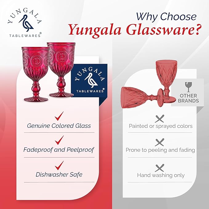 Yungala Red Goblets, Set of 6 Hand Crafted Red Colored Wine Glasses for lovers of red glassware, perfect for Valentines Day or Christmas Wine Glasses