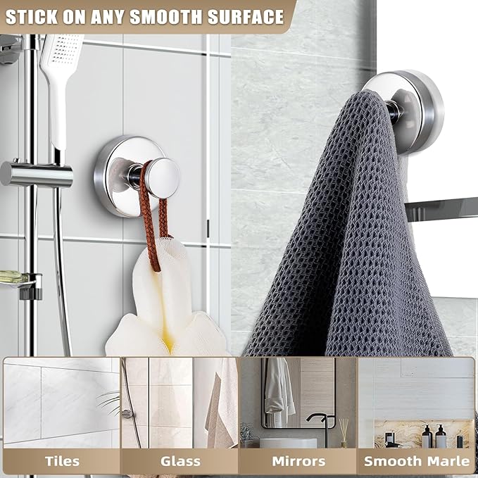 Suction Cup Hooks for Shower No-Drill Bathroom Hooks for Towels, Robes, Loofah Mountable on Bathroom Walls, Kitchen, Glass, Mirrors, Tile and Smooth,Non-Porous Surfaces (2, Chrome Polished)