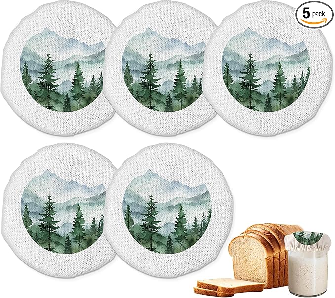 Sourdough Starter Jar Covers,5-Pack Reusable Misty Forest Mountain Cloth Lids for 3-4 Inch Jars,Ideal for Kombucha Kefir or Cheese Fermentation