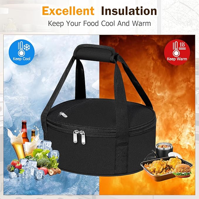 Round Insulated Casserole Carrier, Pie Carrier Bag, Portable Casserole Carrier for Hot or Cold Food Lunch Tote, Lunch Bag for Parties Picnic, Fits 12.5" Baking Dish, Black