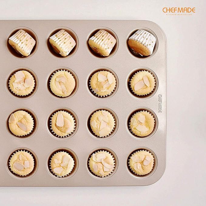 CHEFMADE Mini Muffin Pan, 20-Cavity Non-Stick Tiny Cupcake Pan Bakeware for Oven Baking (Champagne Gold)