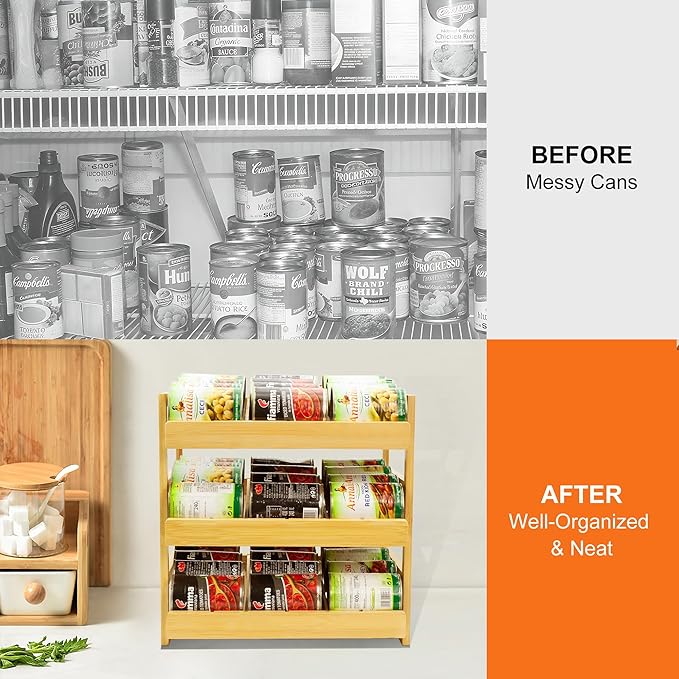 MinBoo Bamboo Can Organizer for Pantry - Stackable Can Rack for 36 Cans, Canned Food Storage, Pantry Shelf, Kitchen Cabinet or Countertop