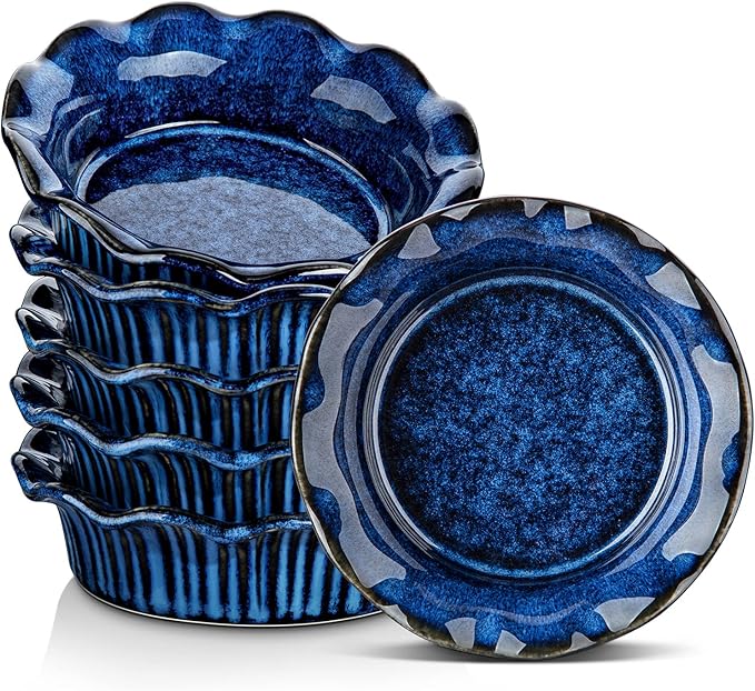 vancasso Mini Pie Pans Set of 6, 5.2 Inch Ceramic Deep Dish Pie Plates with Ruffled Edge for Baking, Microwave & Oven Safe, Blue