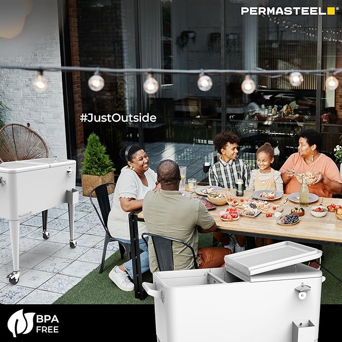 Permasteel 80 Quart Party Cooler, Rolling Ice Chest with Wheels and Handles for Indoor Outdoor Patio